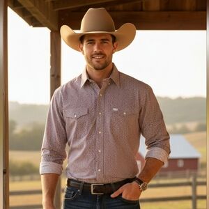 Wrangler Men's Medium Paisley Western Button Down Shirt Long Sleeve Maroon White